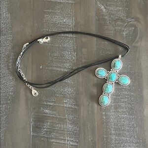 Turquoise and Silver Cross Statement Pendant Necklace